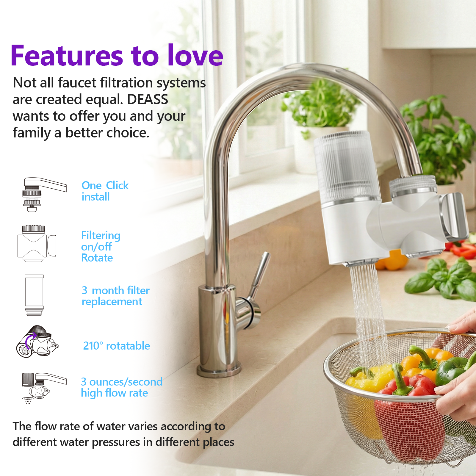 DEASS Faucet Mount Water Filter System，Rapid Flow，Reduces Chlorine，Lead-Reducing for Sink Faucet,Easy Install，100 Gallon Multi-Use Tap Water Filter for Kitchens, Bathrooms & Small Spaces
