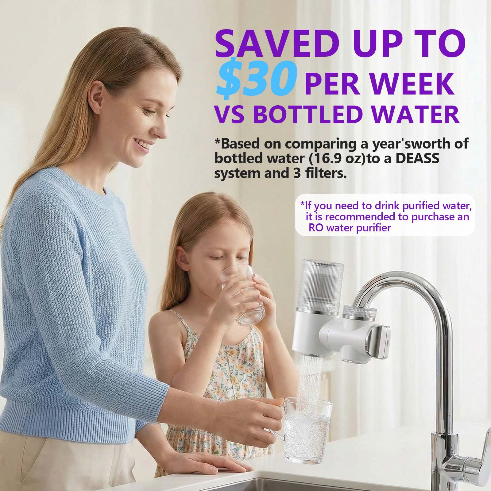 DEASS Faucet Mount Water Filter System，Rapid Flow，Reduces Chlorine，Lead-Reducing for Sink Faucet,Easy Install，100 Gallon Multi-Use Tap Water Filter for Kitchens, Bathrooms & Small Spaces